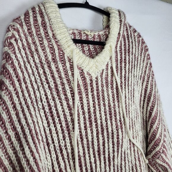 POL Chunky Sweater Women's Large Pink White Striped Hooded Wool Blend Soft Boho - Picture 4 of 10